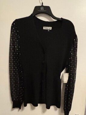 89th & Madison Black Cardigan Sweater Button Up Ribbed Sheer Sleeves M NWT